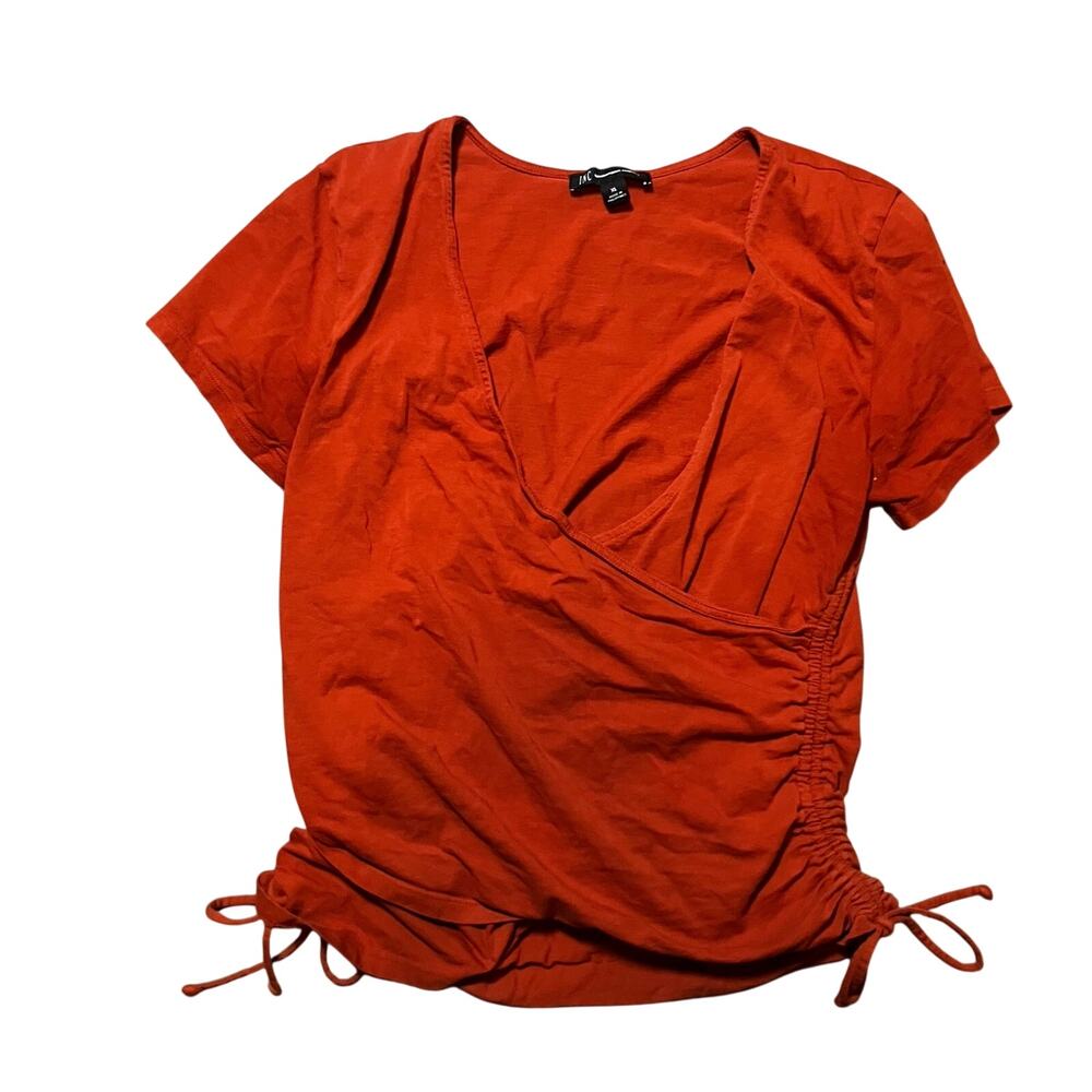 INC International Concepts Orange Faux Wrap Ruched Tie Side Womens Top S CottonT